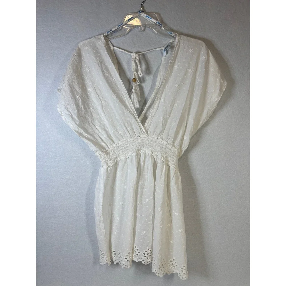 Blue Island White Cotton Eyelet Smocked Waist Cover Up Dress Small 9004-465